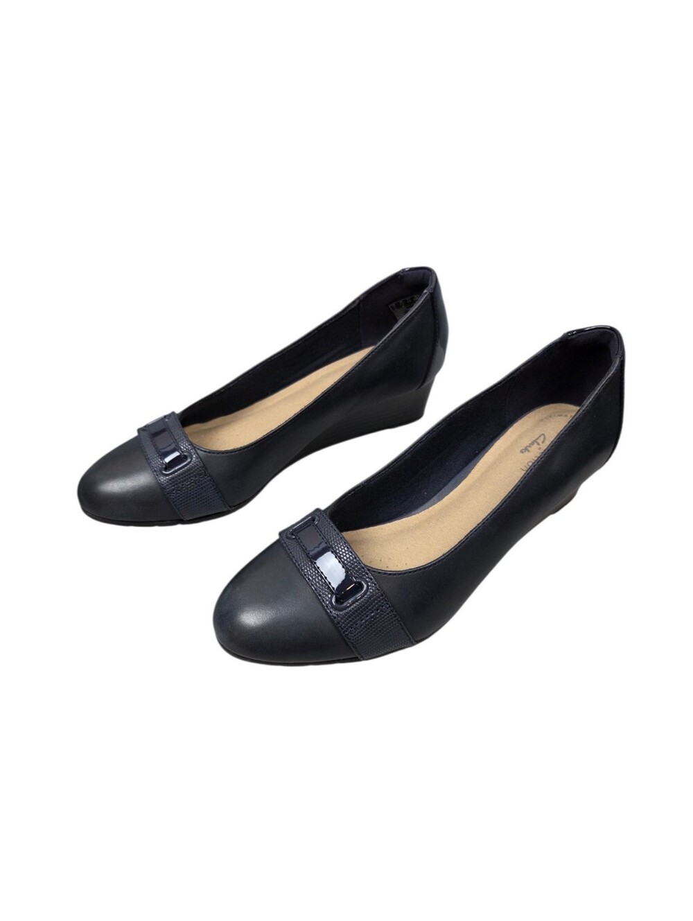 Clarks Collection Mallory Strap Navy Marine Leather Wedge Pumps Size 7.5M